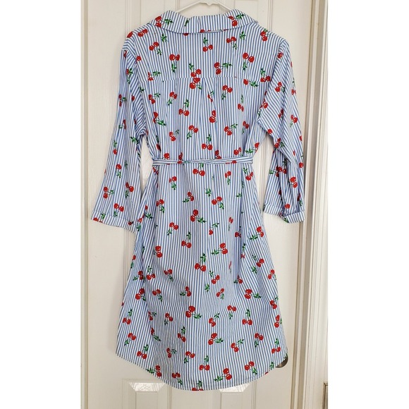 Blue Striped Cherry Print Shirt Dress Button Front Belted Collared Midi Med? - Picture 5 of 6